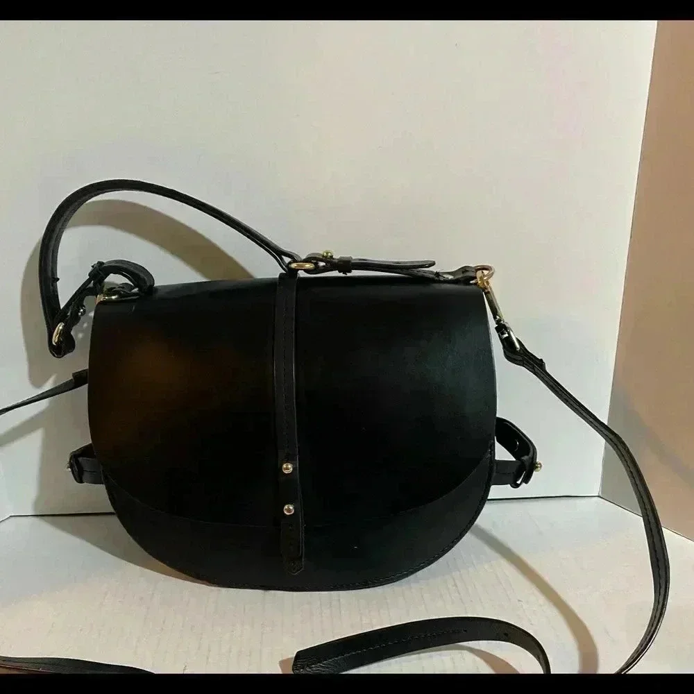 Zara Black Saddle Satchel with Gold Accents